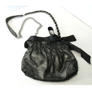 Ann Taylor LOFT Black Silver Leather Shoulder Bag Chain Strap Bow